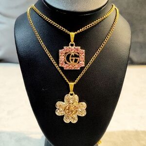 BUNDLE 2 GUCCI 18K GOLD-PLATED GG PENDANTS ON 18K GOLD PLATED CURB  NECKLACES